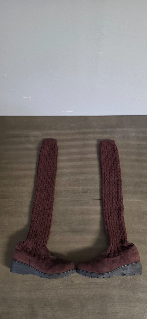 Burgundy Cable Knit Over the Knee Sock Boots EU 36 US 6 Lug Sole